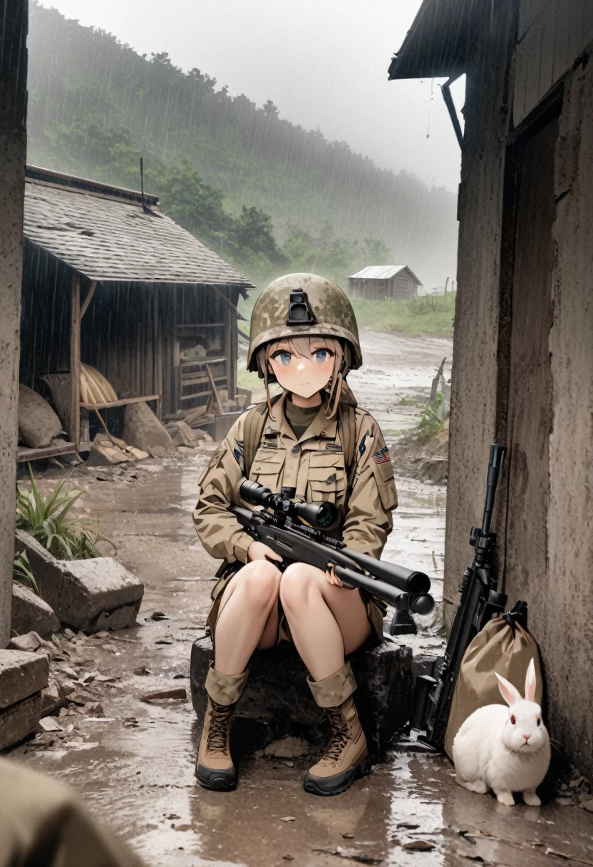 High quality, high definition, high precision images,8k Full HD.1 girl.America,army Modern soldier,sniper rifle,Put on a helmet,(camouflage) 、small hill,it's raining,、rifle over your shoulder 、Taking shelter from the rain in an abandoned hut、one rabbit Sitting looking at the camera,A rabbit-centered perspective
