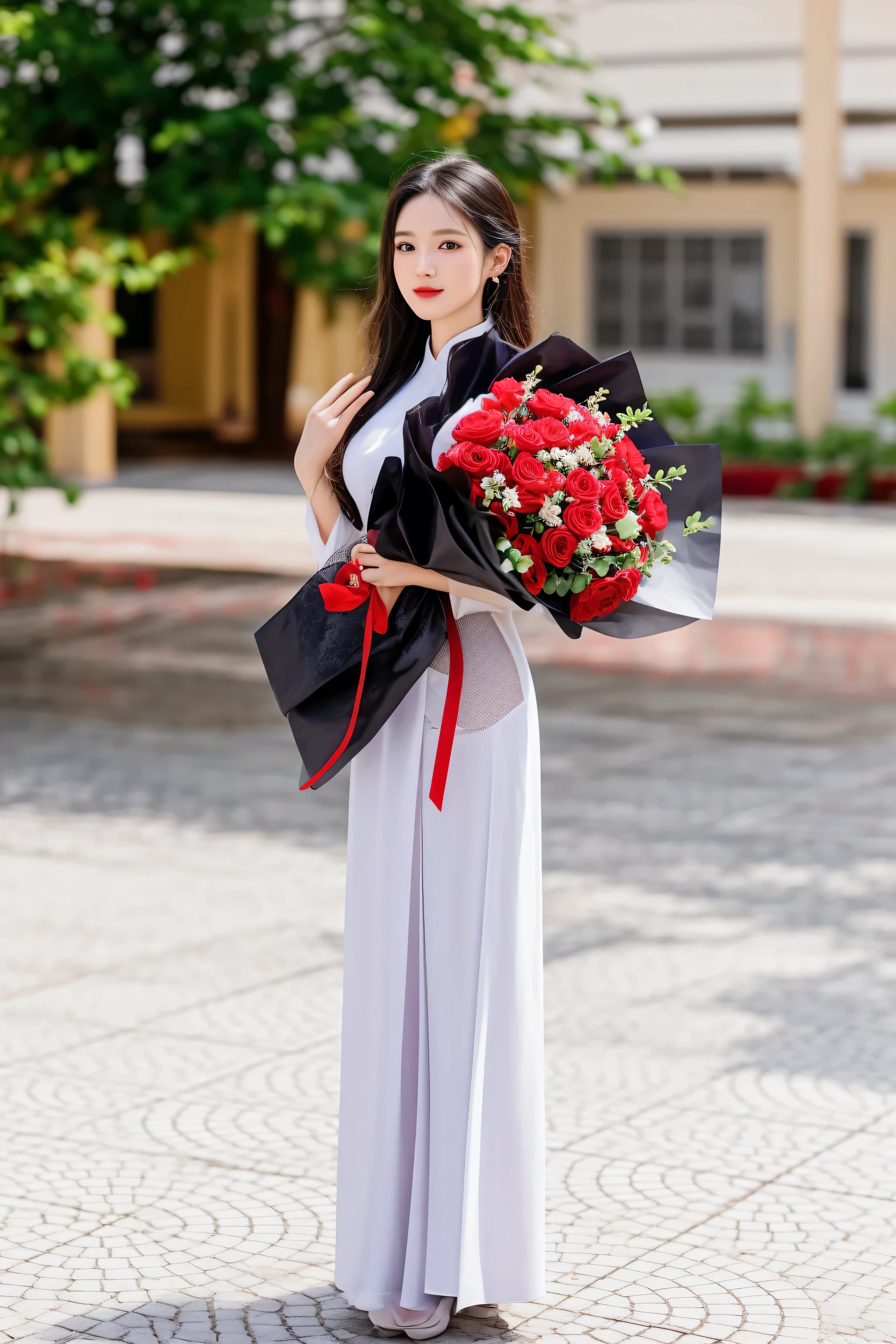 woman in a white dress holding a bouquet of red roses, ao dai, in style of lam manh, with flowers, mai anh tran, lovely woman, dang my linh, bouquet, elegant girl, handsome girl, vietnamese woman, grayscale phtoto with red dress, draped with red hybiscus, carrying flowers, cheongsam, red roses