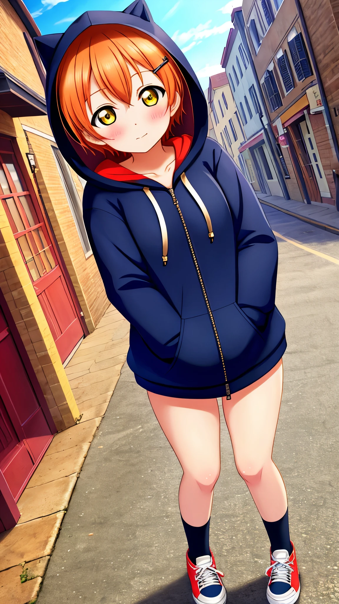 Masterpiece, best quality, Hoshizora rin, orange hair, yellow eyes,solo, looking_at_viewer, blush, short_hair, long_sleeves, collarbone, yellow_eyes, hair ornaments, hands in pocket, village street, hood, bare_legs, hoodie, standing, hood_down, zipper, naked_hoodie,thicc thighs, bottomless , shoes