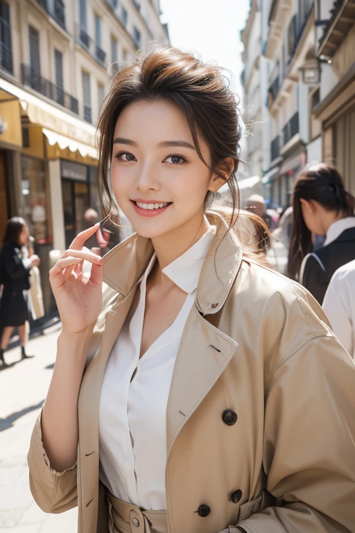highest quality、4K、Perfect Face、Perfect Style、Sunburn、beautiful lady、stylish appeal、Mature、low cignon hair、Swept-back hair、in paris 、full body, giddy smile、hoop pierce、trench coat、having french breads、perfect proportion,healthy,sexy,charming,