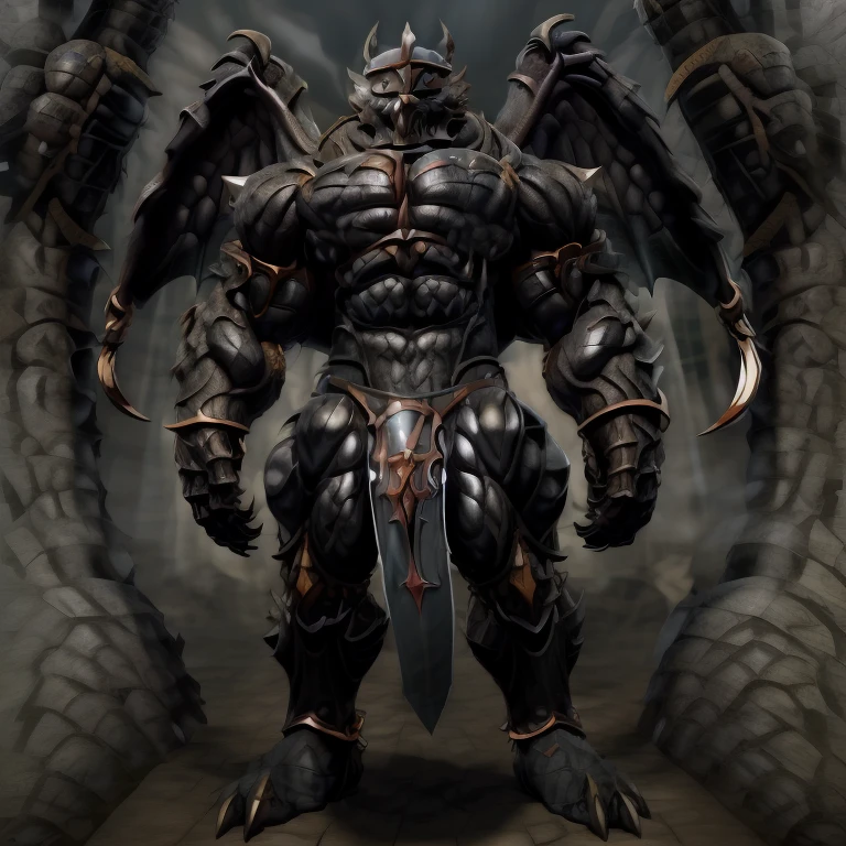 8K, Masterpiece, highres, black visor, Detailed head, Detailed Body, full body, BLACK color, Detailed abs, wearing crNanosuit, big muscle (pecs, triceps, traps) unusually developed muscular body, body full of huge muscles. showing off muscles, pectorales enormes. Exaggeratedly huge muscles. Gigachad Muscular, gigantic muscles, The claws are sharp, Sharp teeth, have big wings. whole body shines like metal. nj5furry, the bodybuilding competition, huge muscular bodybuilder, wearing a tiny thong (metallic color: jet black thong)  looking at the audience, five fingers, tall body, FULL BODY, giant, huge body, long legs, gigantic,