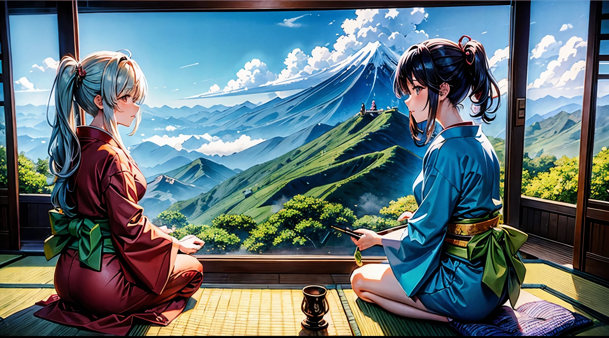 Healing Paintings。Japanese anime style painting。 Breathtaking views from the summit