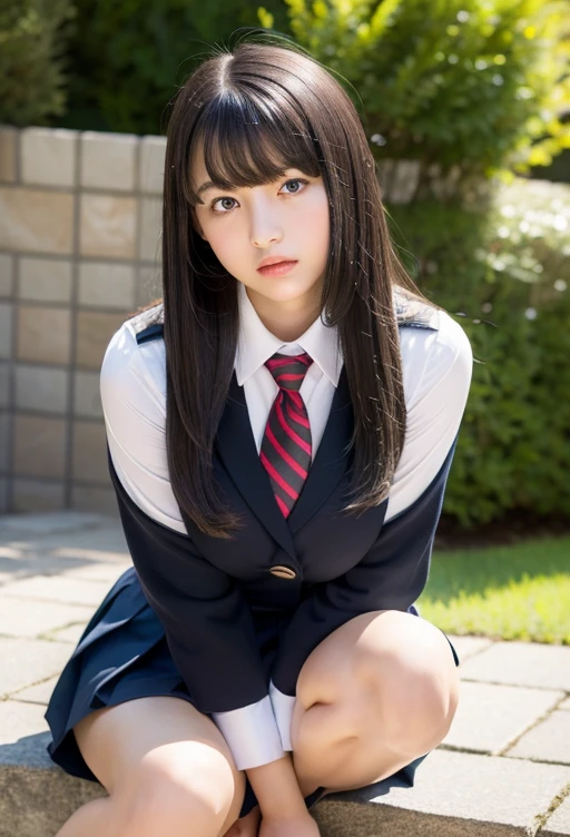 (highest quality, 8k, masterpiece ), An innocent -yeld ju, Black Hair、Larger breasts、bangs:0.6,グラマーなThighs、Tight uniform:1.3、mini skirt, Highly detailed face, double eyelid, Strong natural light、round face、whole body、Thighs、loafers、round face、Horizontal angle,Side Angle:1.2