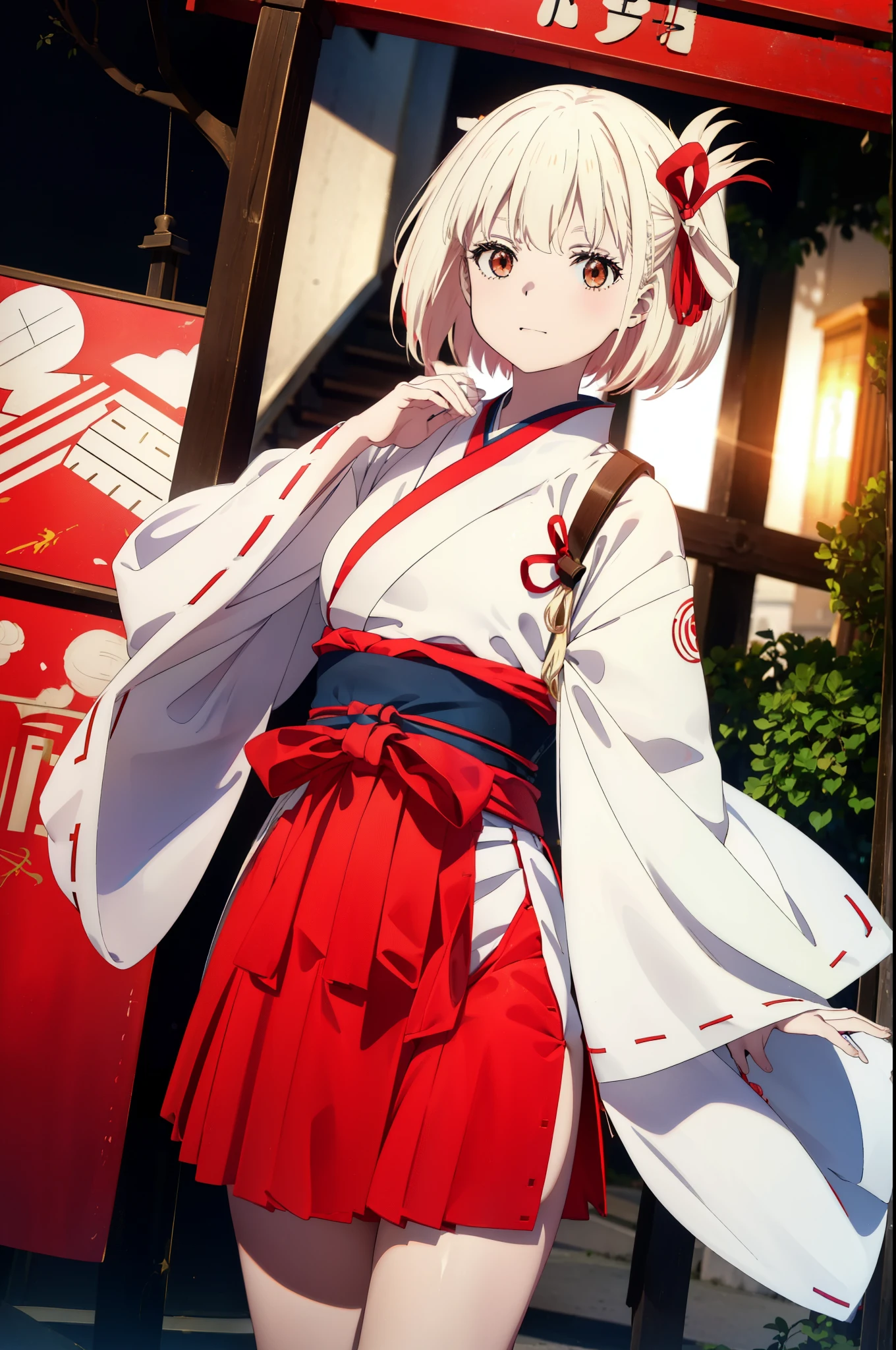 chisatonishikigi, Chisato Nishikigi, short hair, bangs, Blonde Hair, (Red eyes:1.5),happy smile, smile, Open your mouth, hair ribbon, One side up, Bobcut,Platycodon grandiflorum,Miko, White Kimono, kimono, Red Hakama,White tabi,Sandals,As with the skirt, Wide sleeves, Long sleeve, Ribbon-trimmed sleeves, Are standing, Daytime,Clear skies,
break outdoors, shrine,torii,
break looking at viewer, (Cowboy Shot:1.5),
break (masterpiece:1.2), highest quality, High resolution, unity 8k wallpaper, (figure:0.8), (Beautiful fine details:1.6), Highly detailed face, Perfect lighting, Highly detailed CG, (Perfect hands, Perfect Anatomy),