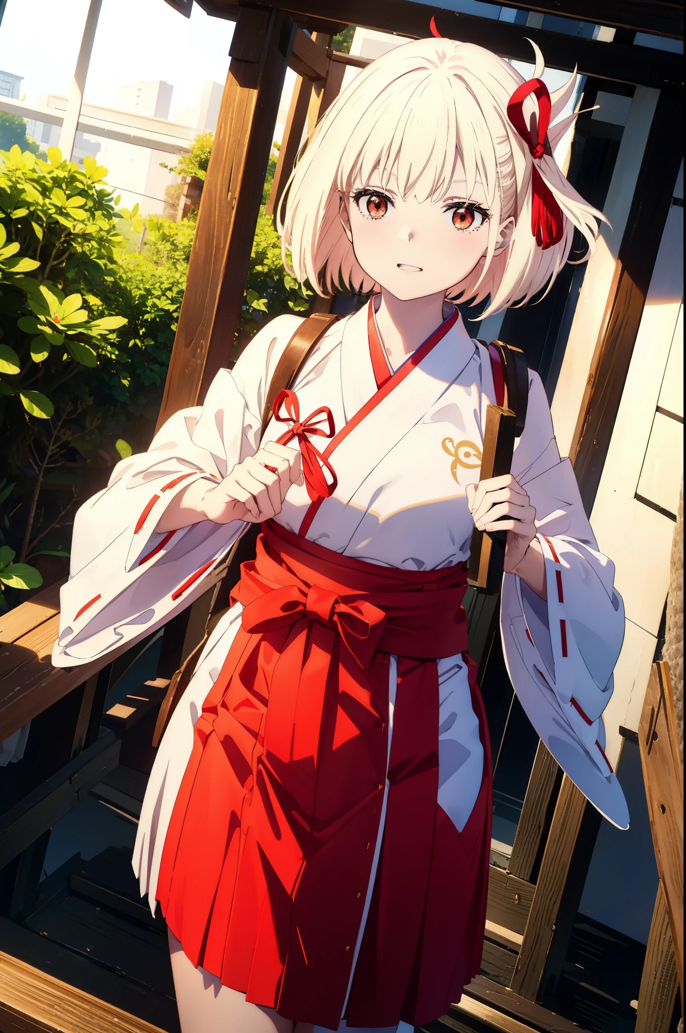 chisatonishikigi, Chisato Nishikigi, short hair, bangs, Blonde Hair, (Red eyes:1.5),happy smile, smile, Open your mouth, hair ribbon, One side up, Bobcut,Platycodon grandiflorum,Miko, White Kimono, kimono, Red Hakama,White tabi,Sandals,As with the skirt, Wide sleeves, Long sleeve, Ribbon-trimmed sleeves, Are standing, Daytime,Clear skies,
break outdoors, shrine,torii,
break looking at viewer, (Cowboy Shot:1.5),
break (masterpiece:1.2), highest quality, High resolution, unity 8k wallpaper, (figure:0.8), (Beautiful fine details:1.6), Highly detailed face, Perfect lighting, Highly detailed CG, (Perfect hands, Perfect Anatomy),