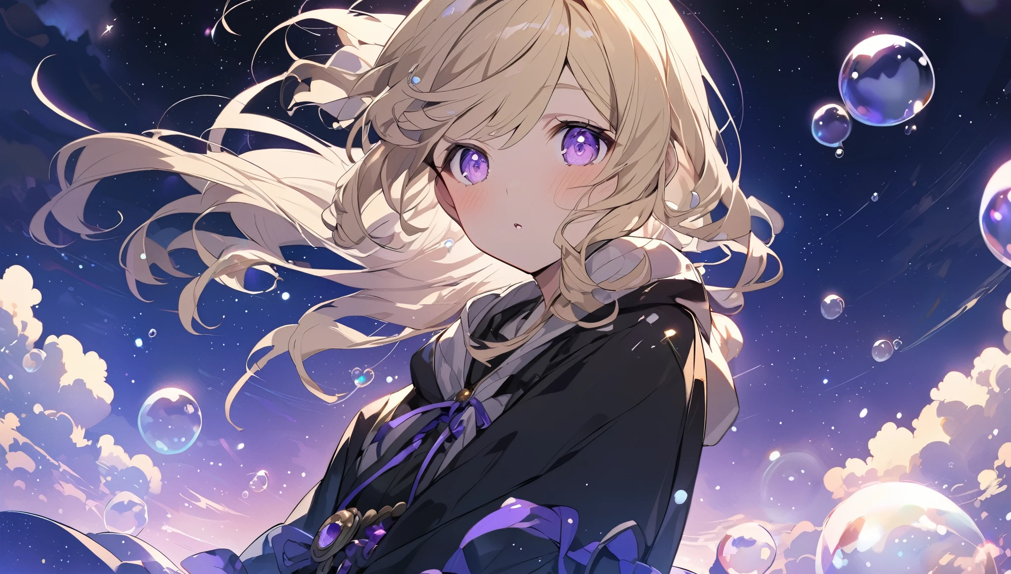 Light blonde girl in anime style，Violet eyes blowing bubbles under the stars