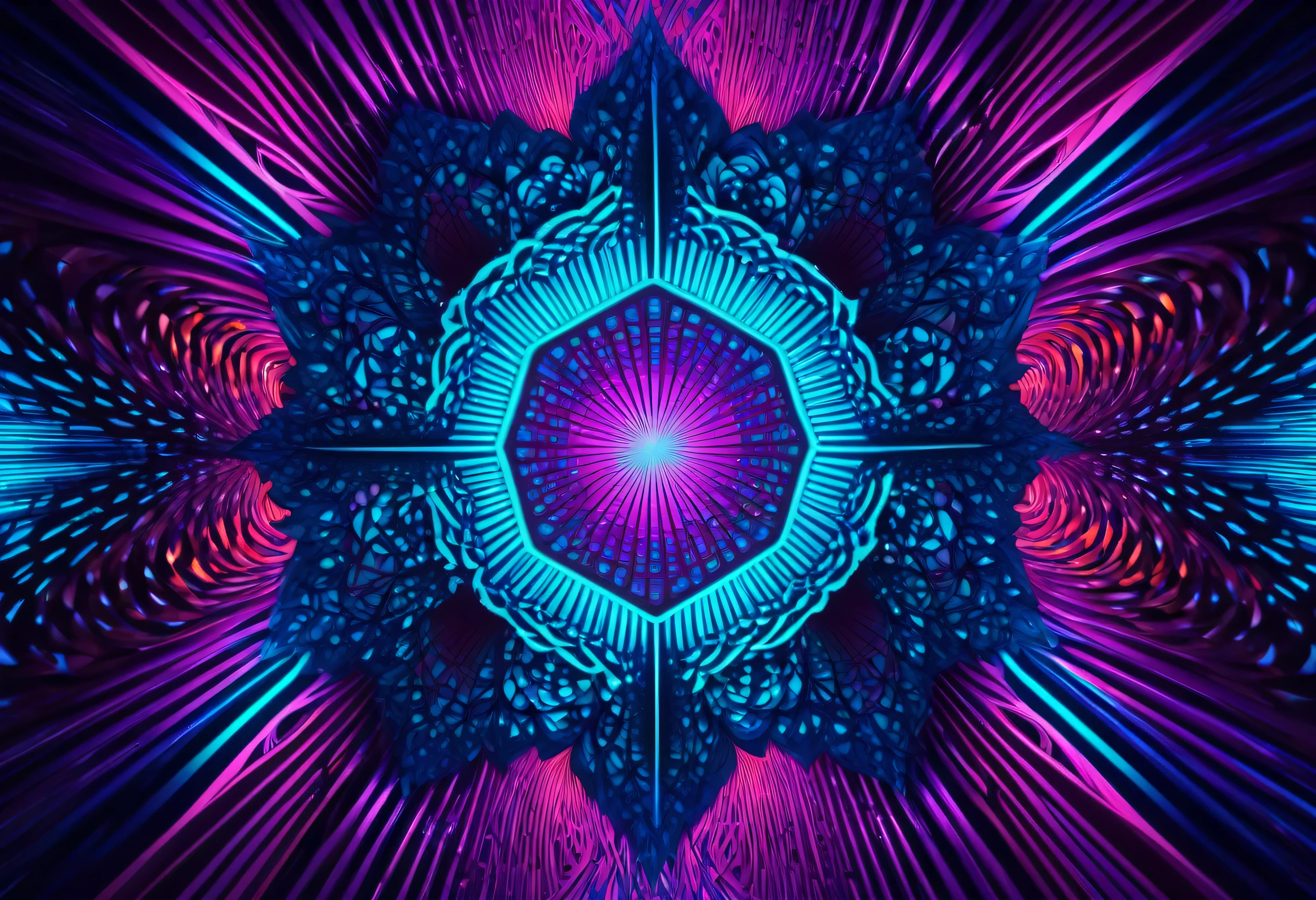 3d abstract background,highly detailed,intricate geometric patterns,fractals,surreal,psychedelic,neon colors,glowing,volumetric lighting,cinematic composition,masterpiece,best quality,8k,photorealistic,studio lighting,ultra-fine details,vibrant colors,dramatic lighting,depth of field