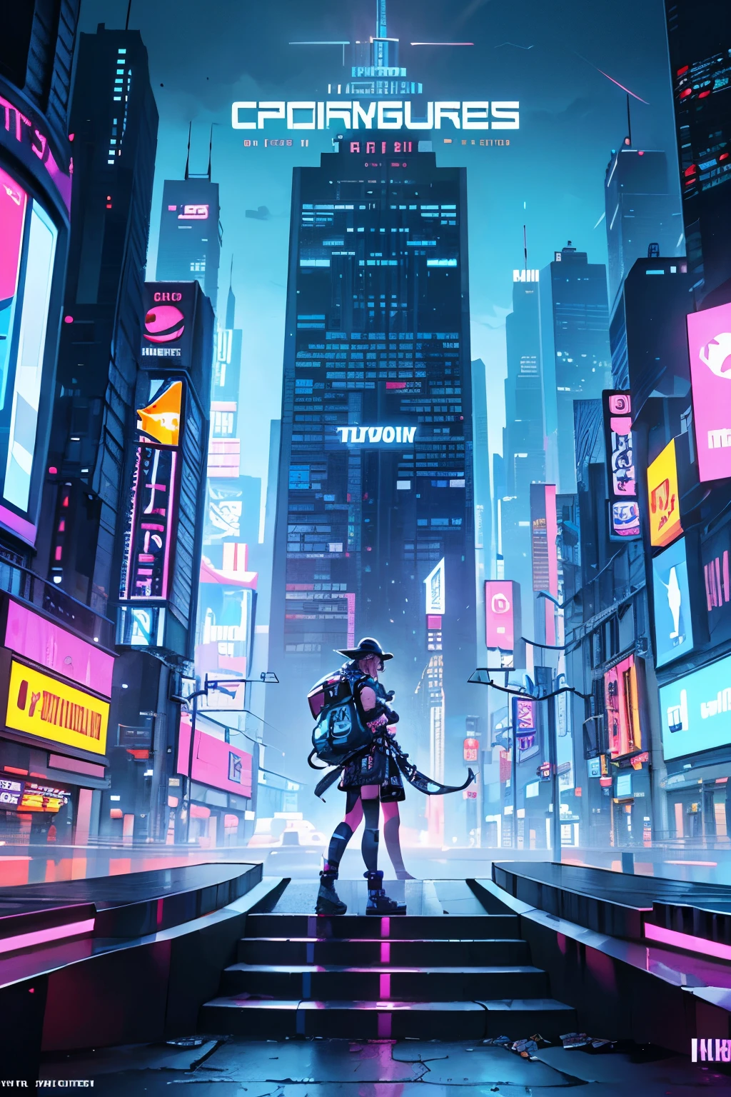 In the pixelated world of nostalgic illustration, the game continues unfolds on the screen. A CryptoPunk character, adorned with digital pixels in a vibrant palette, stands front and center, eyes focused intently on the viewer. With a confident, determined expression, the character wears a stylish cyberpunk hat, and shoulders a backpack filled with mysterious elements. The background is a digital cityscape, full of neon lights, towering buildings, and dynamic, moving elements, embodying a sense of continuous adventure and excitement. Text elements in catchy fonts add to the overall atmosphere, with bold headlines and statements that capture the attention of the viewer, reinforcing the
