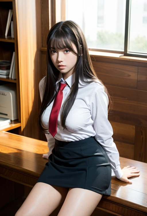 (highest quality, 8k, masterpiece ), An innocent 12-year-old junior high school girl
, Black Hair、Larger breasts、bangs:0.6,グラマーなThighs、Tight uniform:1.3、mini skirt, Highly detailed face, double eyelid, Strong natural light、round face、whole body、Thighs、loafers、round face、Horizontal angle,Side Angle:1.2