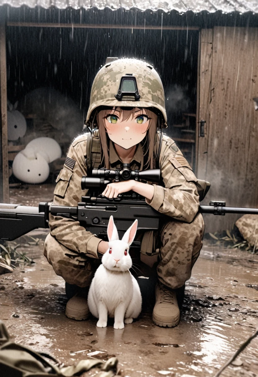 High quality, high definition, high precision images,8k Full HD.1 girl.America,army Modern soldier,sniper rifle,Put on a helmet,(camouflage) 、small hill,it's raining,、rifle over your shoulder 、Taking shelter from the rain in an abandoned hut、one rabbit Sitting looking at the camera,A rabbit-centered perspective
