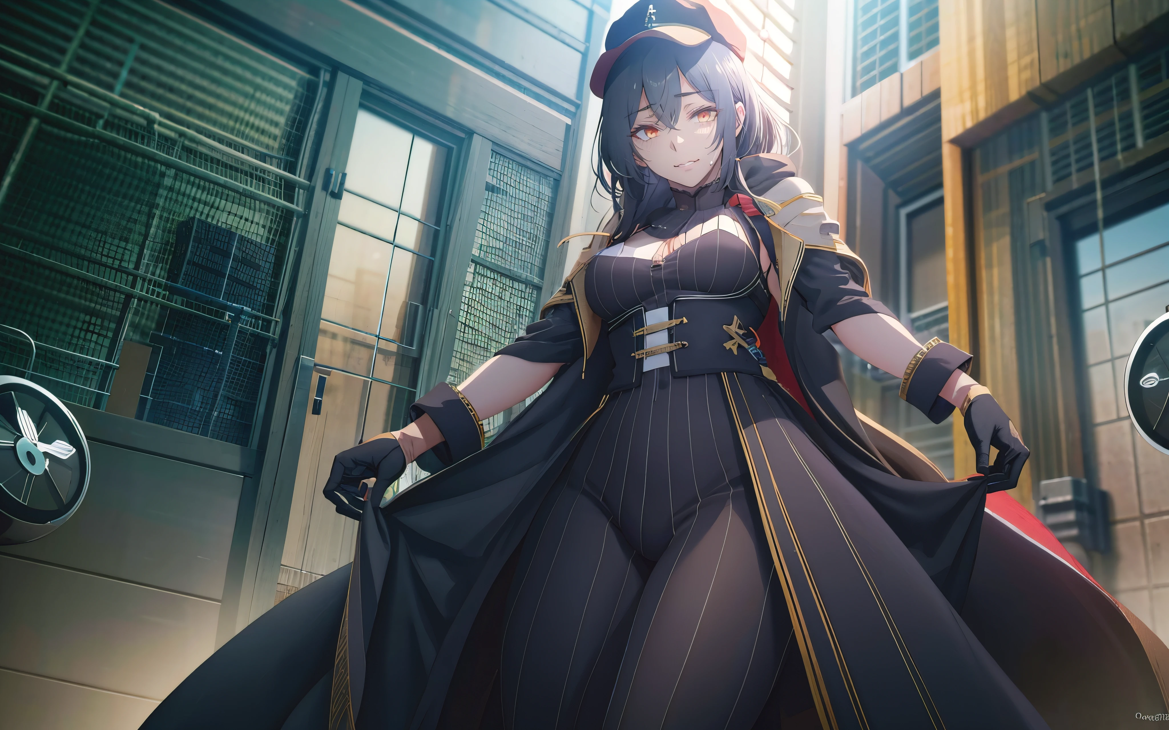 (black hair, long hair:1.7), 1girl, breasts, hat, gloves, autumn leafs, dress, solo, black_headwear, looking_at_viewer, medium_breasts, black_gloves, red_dress, torn_clothes,  standing, red_eyes, cloak, dutch_angle, from_below, indoors, holding, red_gloves, glow effects, godrays, Hand drawn, render, 8k, octane render, cinema 4d, blender, dark, atmospheric 4k ultra detailed, cinematic, Sharp focus, big depth of field, Masterpiece, colors, 3d octane render, 4k, concept art, trending on artstation, hyperrealistic, Vivid colors, extremely detailed CG unity 8k wallpaper, trending on CGSociety, Intricate, High Detail, dramatic