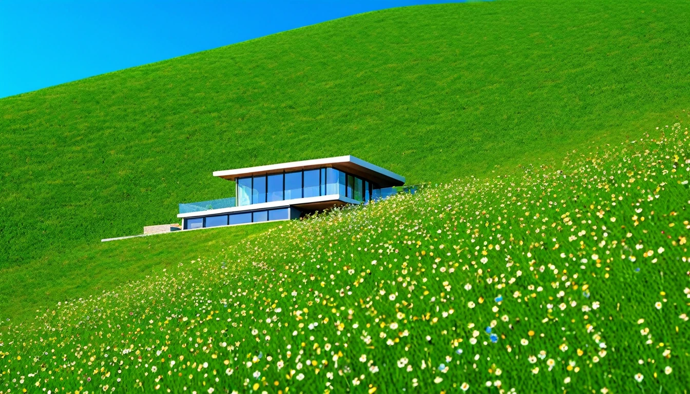 Beautiful small modern house on the slope of a green hill, The hills are filled with millions of tiny wildflowers, Blue sky in the background, Attention to detail, masterpiece, High resolution, highest quality, Photorealistic, Super detailed photos, Human perspective