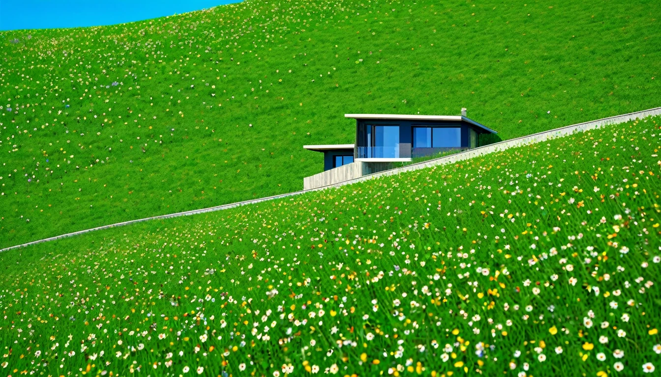 Beautiful small modern house on the slope of a green hill, The hills are filled with millions of tiny wildflowers, Blue sky in the background, Attention to detail, masterpiece, High resolution, highest quality, Photorealistic, Super detailed photos, Human perspective