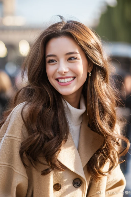 highest quality、4K、Perfect Face、Perfect Style、Sunburn、beautiful、stylish appeal、Mature、long layer curly hair、Swept-back hair、in paris 、full body, giddy smile、flower、hoop pierce、trench coat
