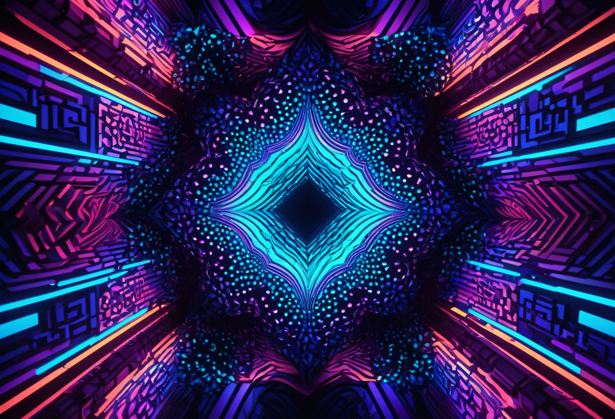 3d abstract background,highly detailed,intricate geometric patterns,fractals,surreal,psychedelic,neon colors,glowing,volumetric lighting,cinematic composition,masterpiece,best quality,8k,photorealistic,studio lighting,ultra-fine details,vibrant colors,dramatic lighting,depth of field
