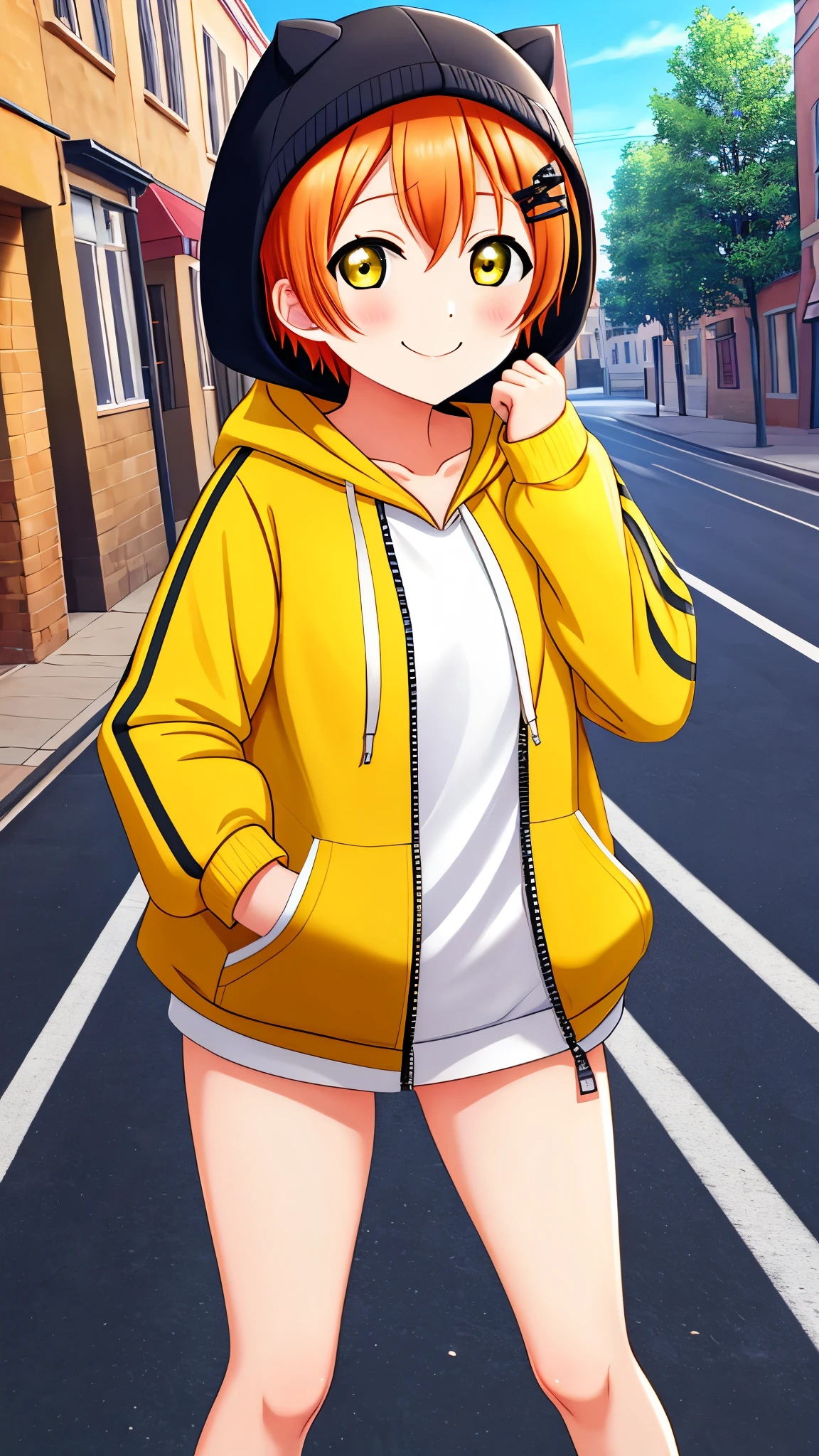 Masterpiece, best quality, Hoshizora rin, orange hair, yellow eyes,solo, looking_at_viewer, blush, short_hair, long_sleeves, collarbone, yellow_eyes, hair ornaments, hands in pocket, village street, hood, bare_legs, hoodie, standing, hood_down, zipper, naked_hoodie,thicc thighs, bottomless , shoes, smile