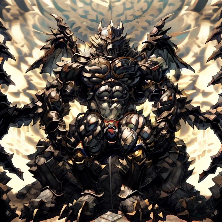 8K, Masterpiece, highres, black visor, Detailed head, Detailed Body, full body, BLACK color, Detailed abs, wearing crNanosuit, big muscle (pecs, triceps, traps) unusually developed muscular body, body full of huge muscles. showing off muscles, pectorales enormes. Exaggeratedly huge muscles. Gigachad Muscular, gigantic muscles, The claws are sharp, Sharp teeth, have big wings. whole body shines like metal. nj5furry, the bodybuilding competition, huge muscular bodybuilder, wearing a tiny thong (metallic color: jet black thong) looking at the audience, five fingers, tall body,sitting on the throne,