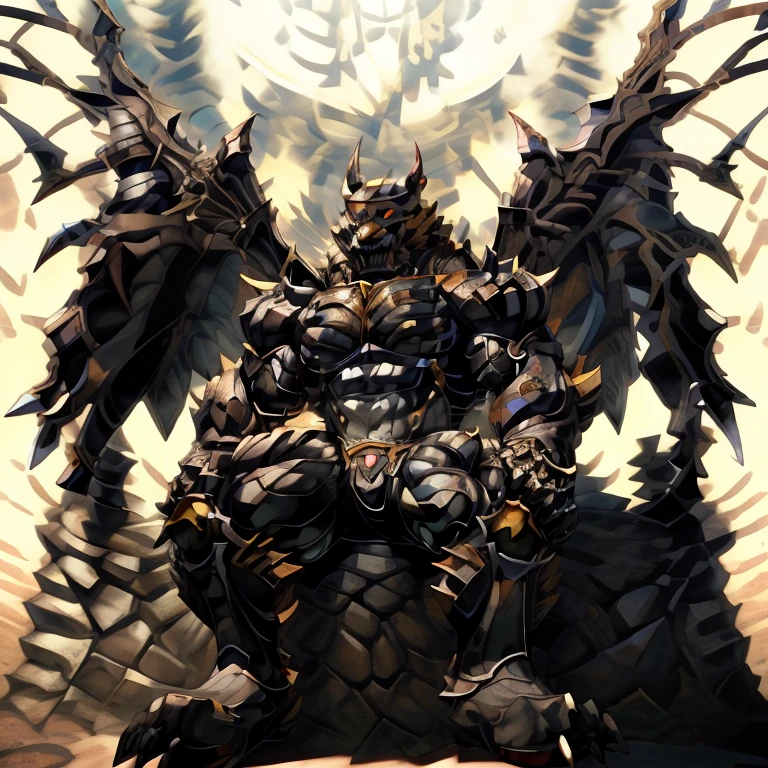 8K, Masterpiece, highres, black visor, Detailed head, Detailed Body, full body, BLACK color, Detailed abs, wearing crNanosuit, big muscle (pecs, triceps, traps) unusually developed muscular body, body full of huge muscles. showing off muscles, pectorales enormes. Exaggeratedly huge muscles. Gigachad Muscular, gigantic muscles, The claws are sharp, Sharp teeth, have big wings. whole body shines like metal. nj5furry, the bodybuilding competition, huge muscular bodybuilder, wearing a tiny thong (metallic color: jet black thong) looking at the audience, five fingers, tall body,sitting on the throne,