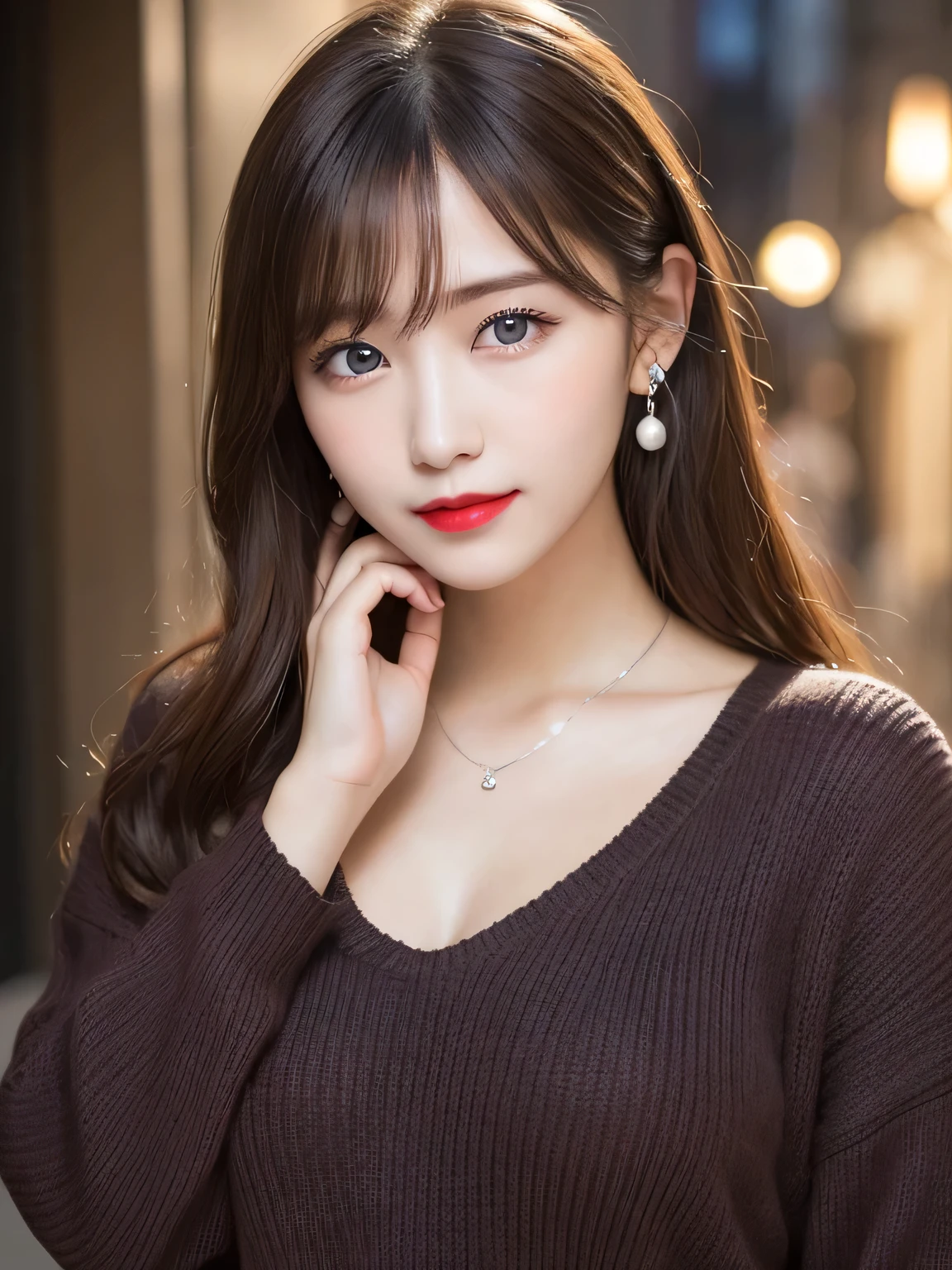 Urban beautiful girl college student, masterpiece, light makeup, Red lips, Silver Hair, Disheveled long hair, Street background, beautiful, elegant. Extremely fine detail, Master Works, Authentic texture, Realism in film lighting, Perfect job, 16k, High resolution, exquisite features,blue eyes、Japanese Idols、Beautiful face、Cute Smile、Brown Hair、beautiful hair、ponytail、glamorous、 Big Breasts、Erect nipples、Greasy muscle、Shiny skin、Sunburned skin、Shining black skin、Sexy knitted sweaters, Bright big eyes, Smooth Skin, Earrings, necklace, tattoo