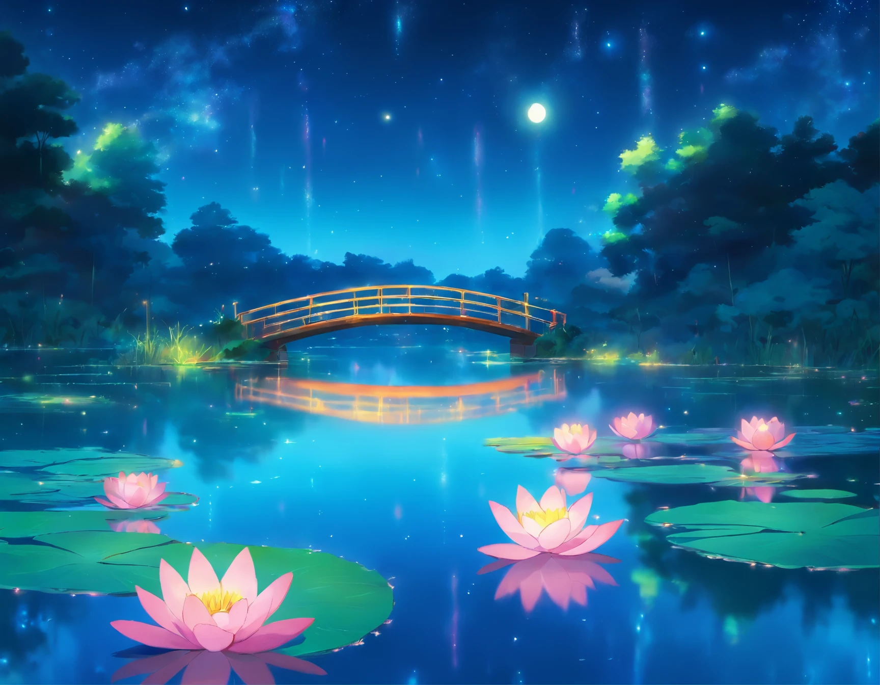 Colored line drawing night tranquil starry sky and lake water, water lily, bridge, highly realistic and detailed painting, crayons, colored pencil