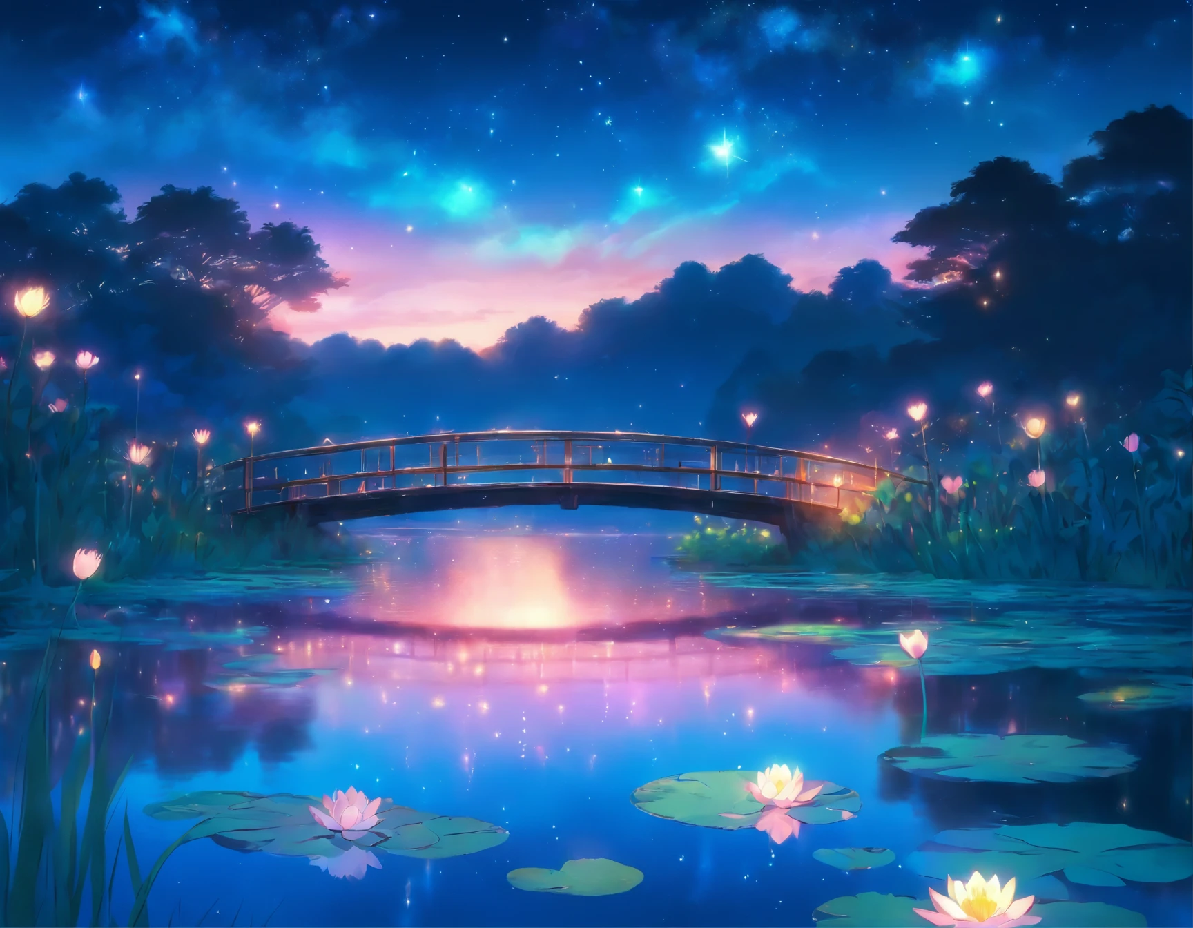Colored line drawing night tranquil starry sky and lake water, water lily, bridge, highly realistic and detailed painting, crayons, colored pencil