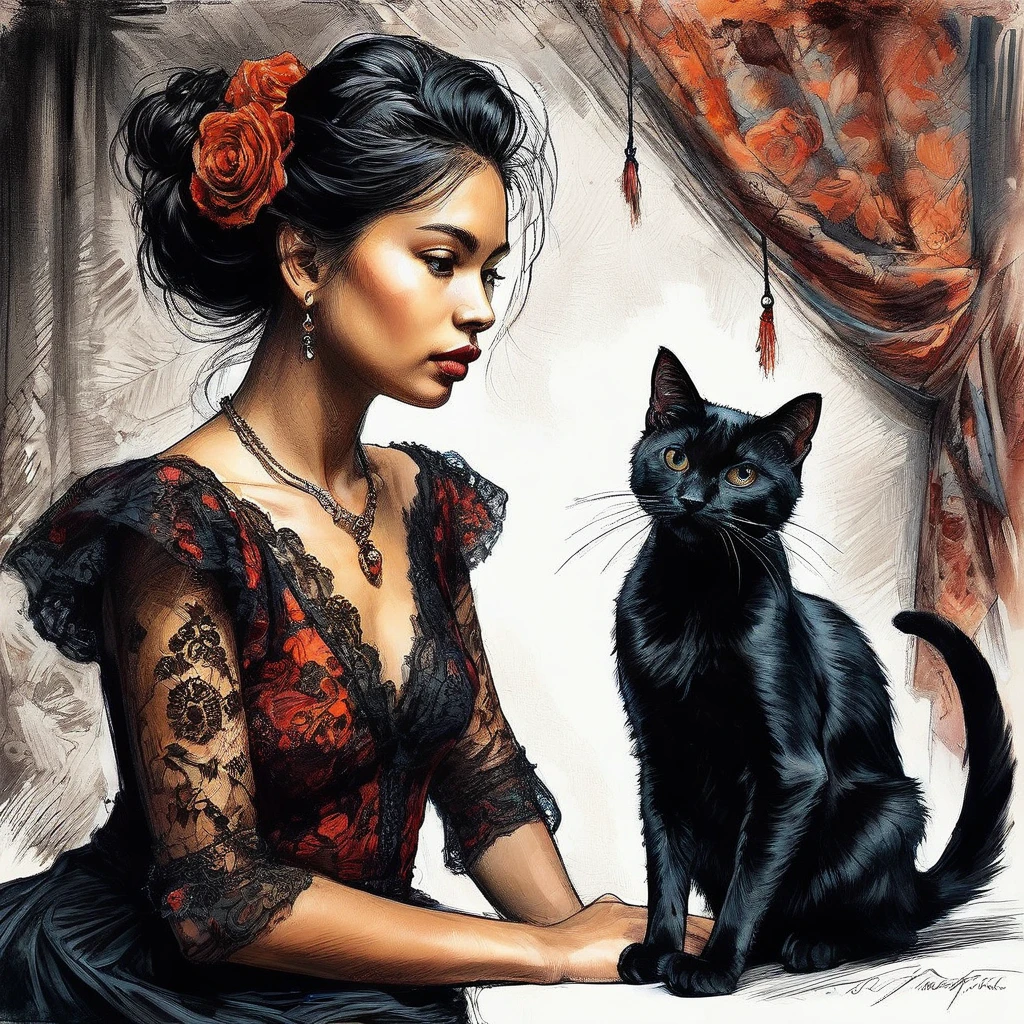 Narcissistic girl engrossed in a flamenco dance with a black cat, captured in the expressive Affandi style, airbrushed sketch, elegance emanating through perfectly balanced composition, deep, rich colors contrast against a pristine backdrop, confidence visually conveyed through the girl's posture, intricate detailslacework, digital art interpretation, coherent and brilliant execution, soft natural lighting adds volumetric depth, chiaroscuro