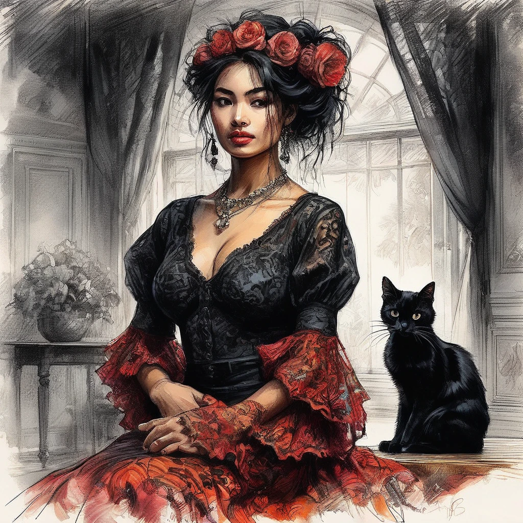 Narcissistic girl engrossed in a flamenco dance with a black cat, captured in the expressive Affandi style, airbrushed sketch, elegance emanating through perfectly balanced composition, deep, rich colors contrast against a pristine backdrop, confidence visually conveyed through the girl's posture, intricate detailslacework, digital art interpretation, coherent and brilliant execution, soft natural lighting adds volumetric depth, chiaroscuro