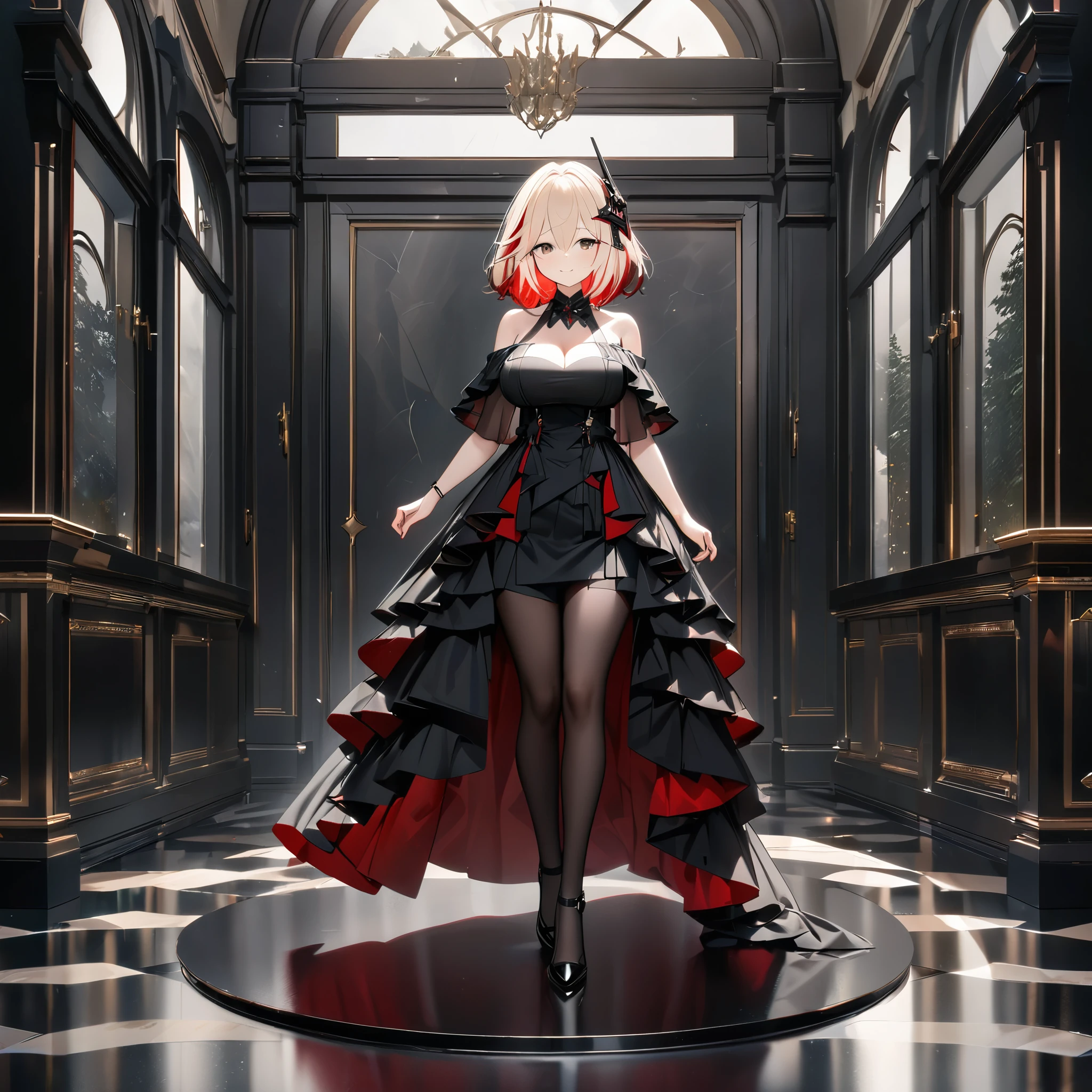 A woman wearing a low-cut black dress, off-shoulder, black heels, short blonde hair, red bangs, (multi-color hair) (KMS_roon azur_lane) brown eyes, walking in a luxury room, gray marble floor, white wall, glass window great luxury overlooking a forest, smiling , big breast, ,full body,,bokeh effect, atmospheric perspective, 8k , super detail, accurate, best quality, award winning, textured skin, high resolution, anatomically correct(solo woman)