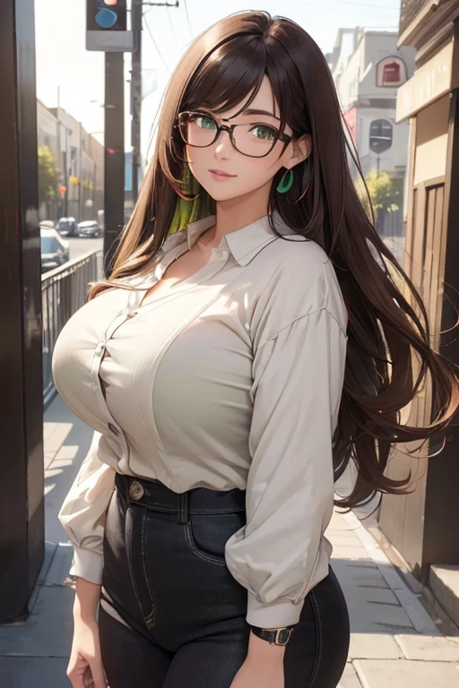 ((masterpiece)), (best quality:1.7), (detailed:1.4), (high res:1.4), 8k, (colorful:1.5), high resolution, sharped image, 4k, hd, (beautiful detailed background:1.2), (beautiful lighting:1.2), (highly detailed:1.2), perfect lighting, (8k wallpaper:1.2), (highly detailed:1.2), (extremely detailed CG:1.2), ((dark brown medium long straight hair with bangs covering an eye)), (hair bangs covering one eye), ((only dark brown hair)), ((busty)), curvy figure, (((hazel-green eyes))), spring casual outfit, glasses, mature, (((30 year old))), human adult, tall, fullbody