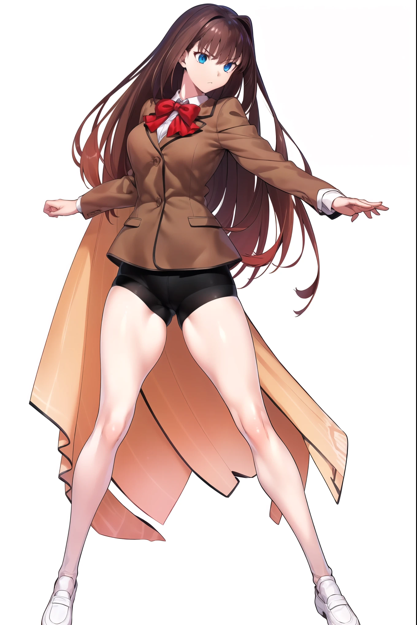 8k, high quality, AokoSchoolUniform, ((1girl)), solo, ,(chestnut-brown hair with reddish undertones), perfect face, red bowtie, beige blazer, (((dark brown pleated mini skirt:0.9))), (black spandex shorts:1.4), (nice thighs:1.4), thigh high black stockings, brown loafers, (standing, (full body), (white empty background:1.3)