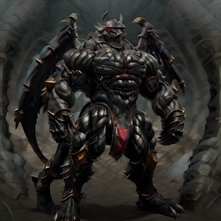 8K, Masterpiece, highres, black visor, Detailed head, Detailed Body, full body, BLACK color, Detailed abs, wearing crNanosuit, big muscle (pecs, triceps, traps) unusually developed muscular body, body full of huge muscles. showing off muscles, pectorales enormes. Exaggeratedly huge muscles. Gigachad Muscular, gigantic muscles, The claws are sharp, Sharp teeth, have big wings. whole body shines like metal. nj5furry, the bodybuilding competition, huge muscular bodybuilder, wearing a tiny thong (metallic color: jet black thong)  looking at the audience, five fingers, tall body, FULL BODY, giant, huge body, long legs, gigantic,