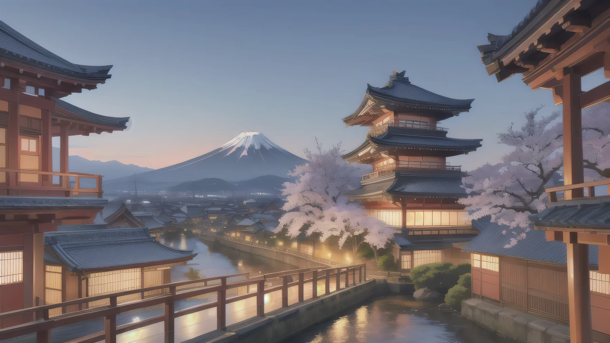 ((Highly detailed 8k illustration)), High resolution, (Highly detailed and beautiful backgrounds), Highly detailed painting, Professional illustrations, Ultra-precise depiction, Ultra-detailed depiction, (beautifully、aesthetic:1.2), High resolution, (Depth of written boundary:1.4), colorful, Vivid, Beautifully detailed glowing light particles, complicated:1.4, Edo cityscape in Japan、Mount Fuji can be seen in the distance、It's spring、Beautiful rows of cherry blossom trees