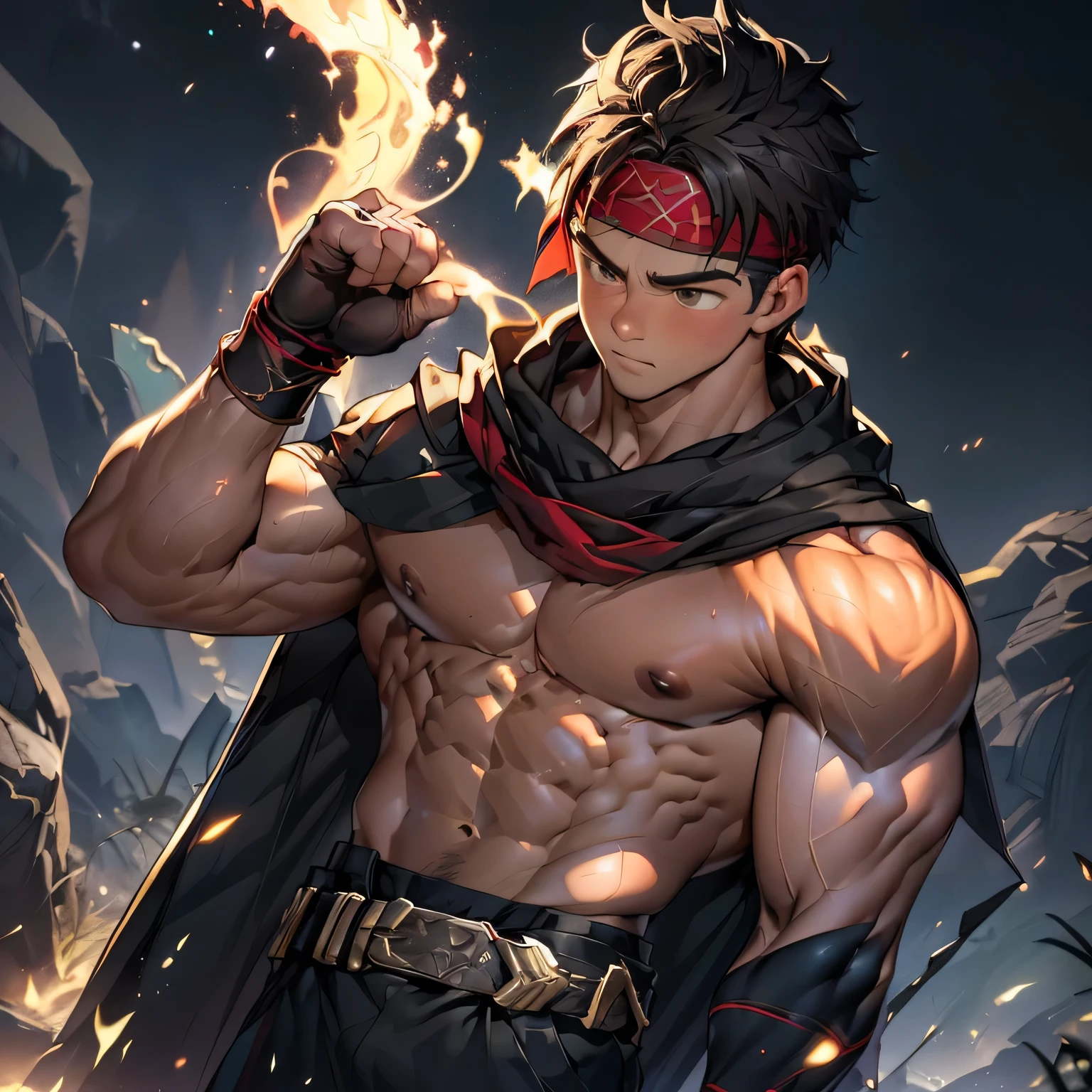 (Masterpiece, Best quality 19 year old boy, black background, looking away), solo, Young, boy, muscler, (Dark Short straight hair, under cut, brown eyes), (red headband, ((fingerless gloves, belt, black wristband, take off blown long cloak))), Vivid colors, (hot Abs:1.2, abs!, big abs, big breast:1.2, chest!, muscler upper arms), (tunic), muscler!, muscler, muscler body, (aura power:1.4), detailed face, detailed muscle, (((A magical mystical aura, rippling muscles, conbats, chilling atmosphere, subtle color tones, dynamic pose, intense action scene)))