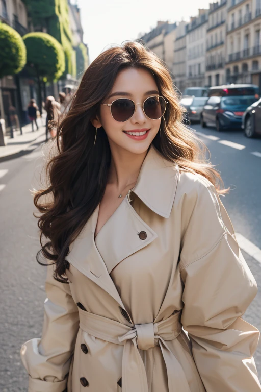 highest quality、4K、Perfect Face、Perfect Style、Sunburn、beautiful、stylish appeal、Mature、long layer curly hair、Swept-back hair、in paris 、full body, giddy smile、flower、hoop pierce、trench coat、sunglass