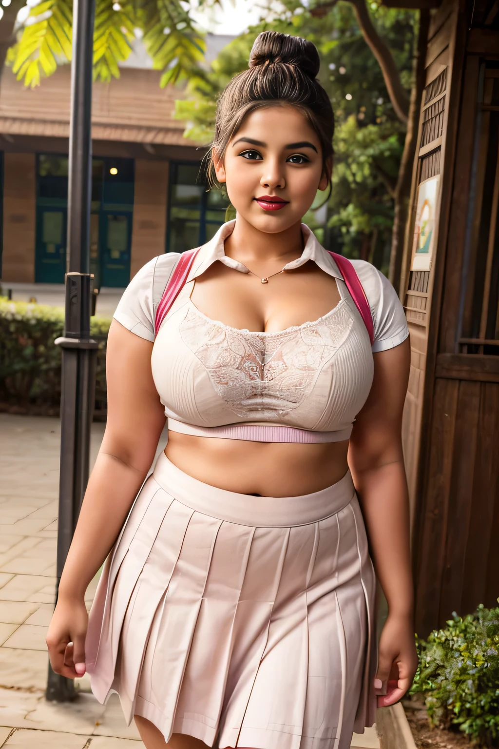 Outdoor image of 20yo  in school school photo in school masterpiece, (photorealistic:1.4), best quality, beautiful lighting,Eleanor Marathi Woman 20yo Old Big 44M round firm Breasts Plus Size Model lipstick Bun lHair Bun Hair Hair Lifts Skirt Up Raised Skirt, wearing bra and panty. 
