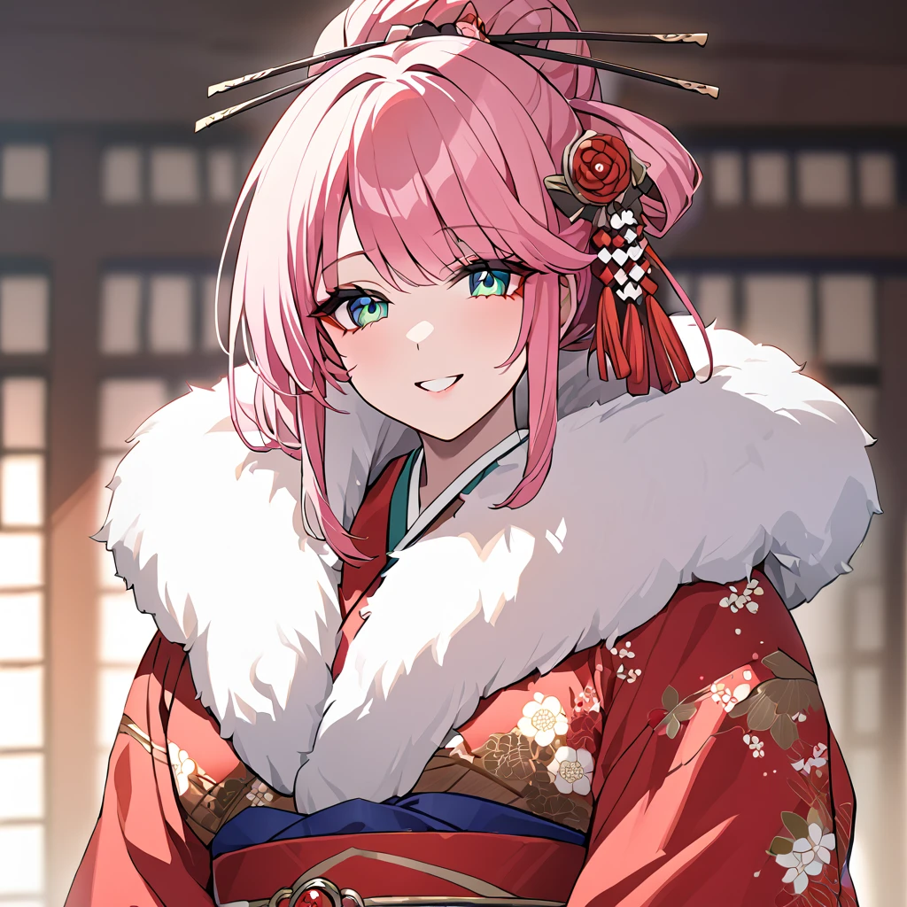 ((highest quality)), ((masterpiece)), (detailed), （Perfect Face）、（The woman is Rena, with short pink hair and a happy smile, and is in a luxurious samurai mansion.、The woman is the wife of a feudal lord, and is wearing a gorgeous Japanese kimono with gorgeous embroidery, her hair styled in a bunkin takashimada style, and adorned with gorgeous accessories from the Edo period, including a gorgeous hairpin.）、The woman is intimate with her lordly husband.