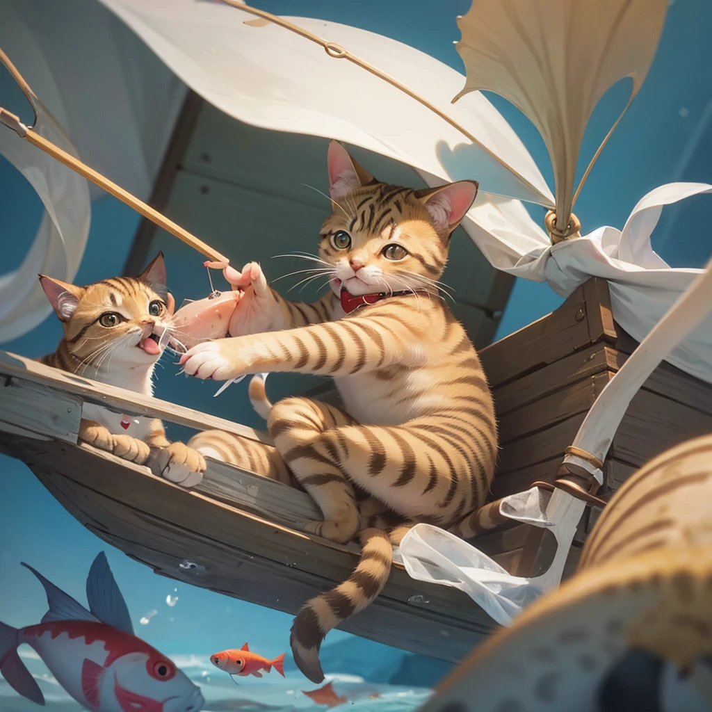 3--old ty cat holds small fish in its mouth