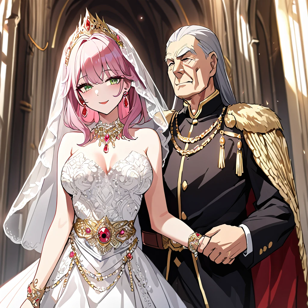 ((highest quality)), ((masterpiece)), (detailed), (Perfect Face)、(The woman is Lena, with short pink hair and a happy smile, and is in a luxurious church, holding a political wedding ceremony with a dignified evil emperor, clinging closely to the emperor.、The woman is wearing a gorgeous jeweled wedding dress, a wedding veil, a gorgeous jeweled wedding dress skirt, an engagement ring, a gold jeweled tiara, a gorgeous head dress chain, a gorgeous jeweled necklace, gorgeous earrings, gorgeous bracelets, gorgeous ankle bracelets, a gorgeous jeweled waist chain, and an engagement ring.)、The man is an elderly, powerful, evil, great emperor wearing a luxurious imperial costume, a luxurious fur cloak, and a magnificent crown, and he embraces the woman, clinging to her.