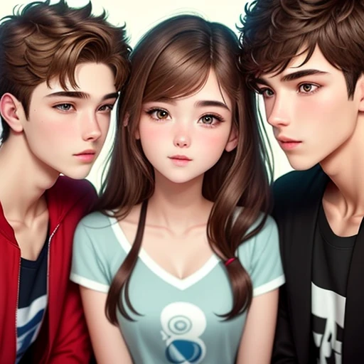 Three high school students, boy-girl-boy, aggressive kissing kiss, staring intently to eyes. No one look at front. Hand on the face.
20-year-old boy, 18-year-old girl and 20-year-old boy . Detailed face, Detailed eyes, double eyelid, cute, sunny, warm vibes, Handsome-cool-warm-boy with brown hair, hot-seductive-sexy-cute-beautiful-girl with brown hair and blushing face, handsome-bad-cool-boy with brown hair. Intimate vibes.