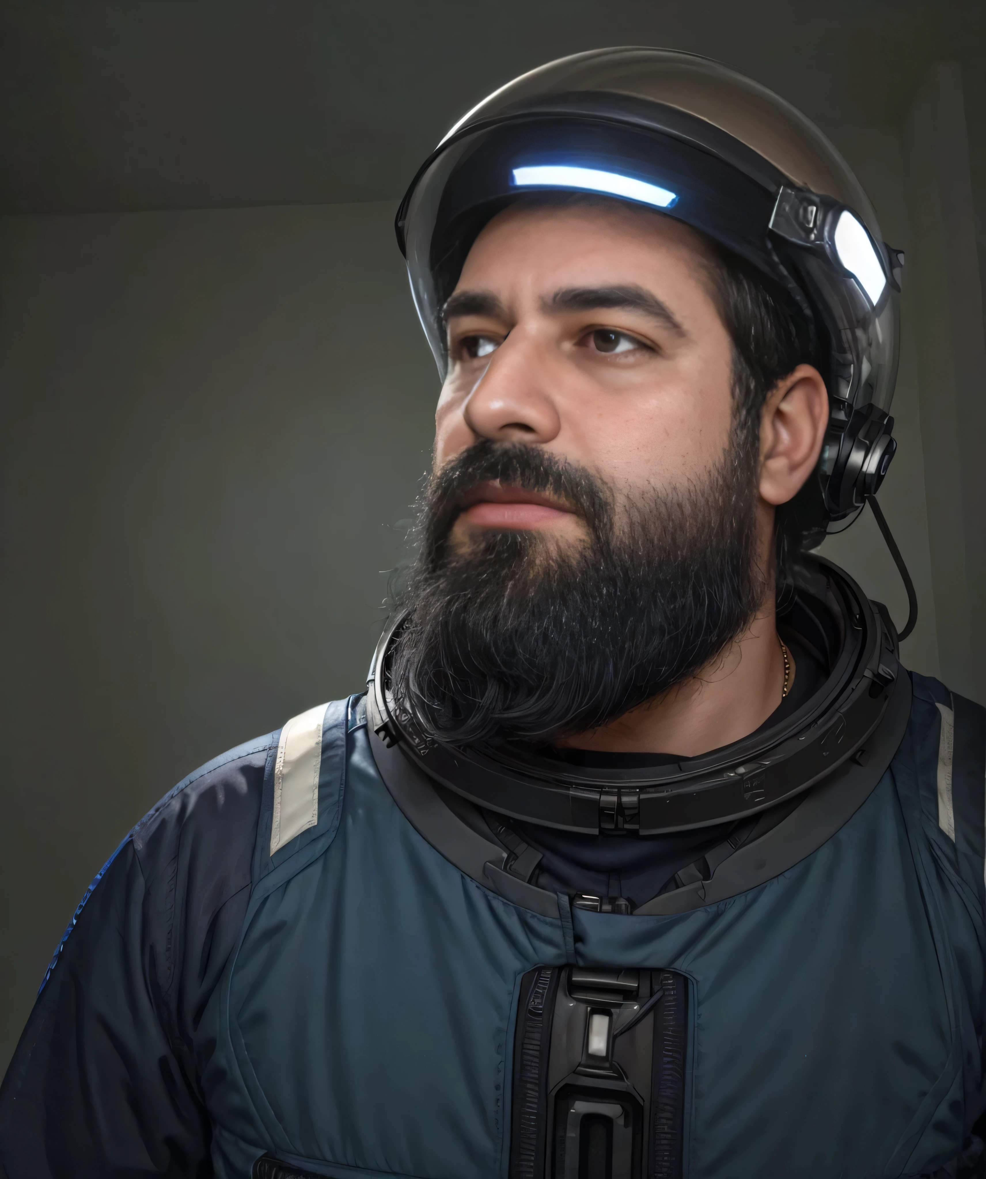 A well-built man with a dark beard and sunglasses, wearing a high-tech space suit with blue and silver details, se encuentra en primer plano. Su figura llena la imagen, highlighting his expression of determination and bravery. Behind him, el vasto espacio exterior se extiende con un fondo de estrellas brillantes y nebulosas coloridas. A lo lejos, se ve una nave espacial futurista con luces parpadeantes y una gran luna o planeta en el horizonte. The man holds a space helmet in his right hand and a communication device in the left, ready to lead a crucial mission in the vastness of the cosmos."