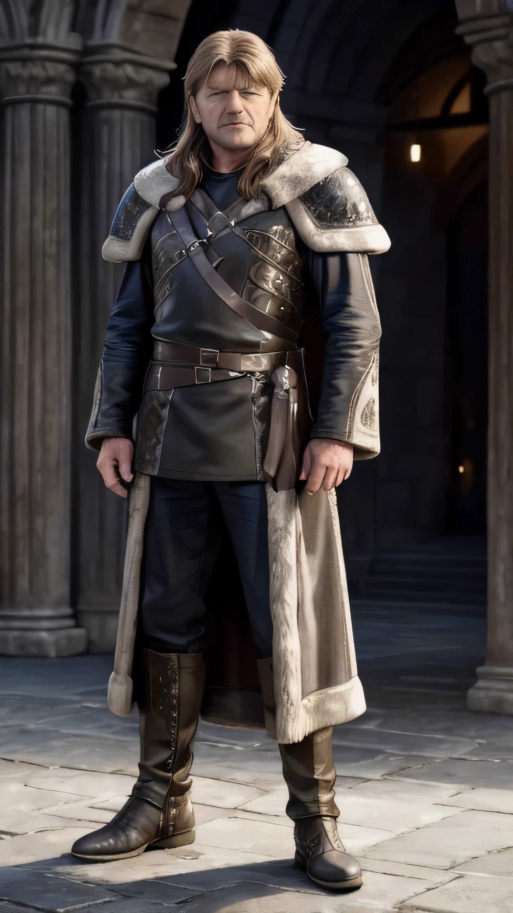 (Sean Bean) as Eddard Stark, armor, fur, boots, standing, in a medival city, (1man), (solo), (full body view), beautiful detailed glow, detailed, cinematic light, intricate detail, realistic, highres, detailed facial features, high detail, sharp focus, smooth, aesthetic, extremely detailed, stamp, octane render