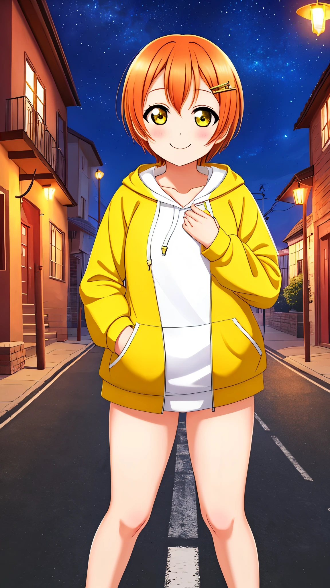 Masterpiece, best quality, Hoshizora rin, orange hair, yellow eyes,solo, looking_at_viewer, blush, short_hair, long_sleeves, collarbone, yellow_eyes, hair ornaments, hands in pocket, village street, hood, bare_legs, hoodie, standing, hood_down, zipper, naked_hoodie,thicc thighs, bottomless , shoes, smile , night 