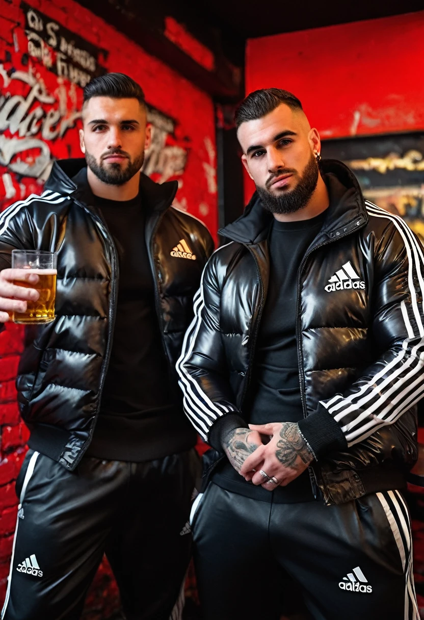 Graffiti urban style, portrait of medium body of two:chav guys handsome 35 year old Chavs,muscular and athletic,having a beer inside a bar in London, more scally men in the background, with beard, full red leather cap "adidas" in black shiny latex or nylon tracksuit++, ((low angle)), legs apart, dynamic pose, wearing a super inflated huge shiny black puffer jacket "Adidas"++,Extremely Realistic+++,depth of field:1.4, bulge, adidas tracksuit, detailed hand++, detailed hands++, perfect hand++, perfect hands++, masterpiece face++, masterpiece hands++, detaled hands, perfect hand, perfect body, perfect bulge, realistic, ultra textured skin:1.6, ultra textured cloth:1.6, super ultra textured materials:1.7, small details corrected, highly textured skin:1.5, textured clothing:1.7, perfect hands:1.7, hands without fused fingers:1.8
