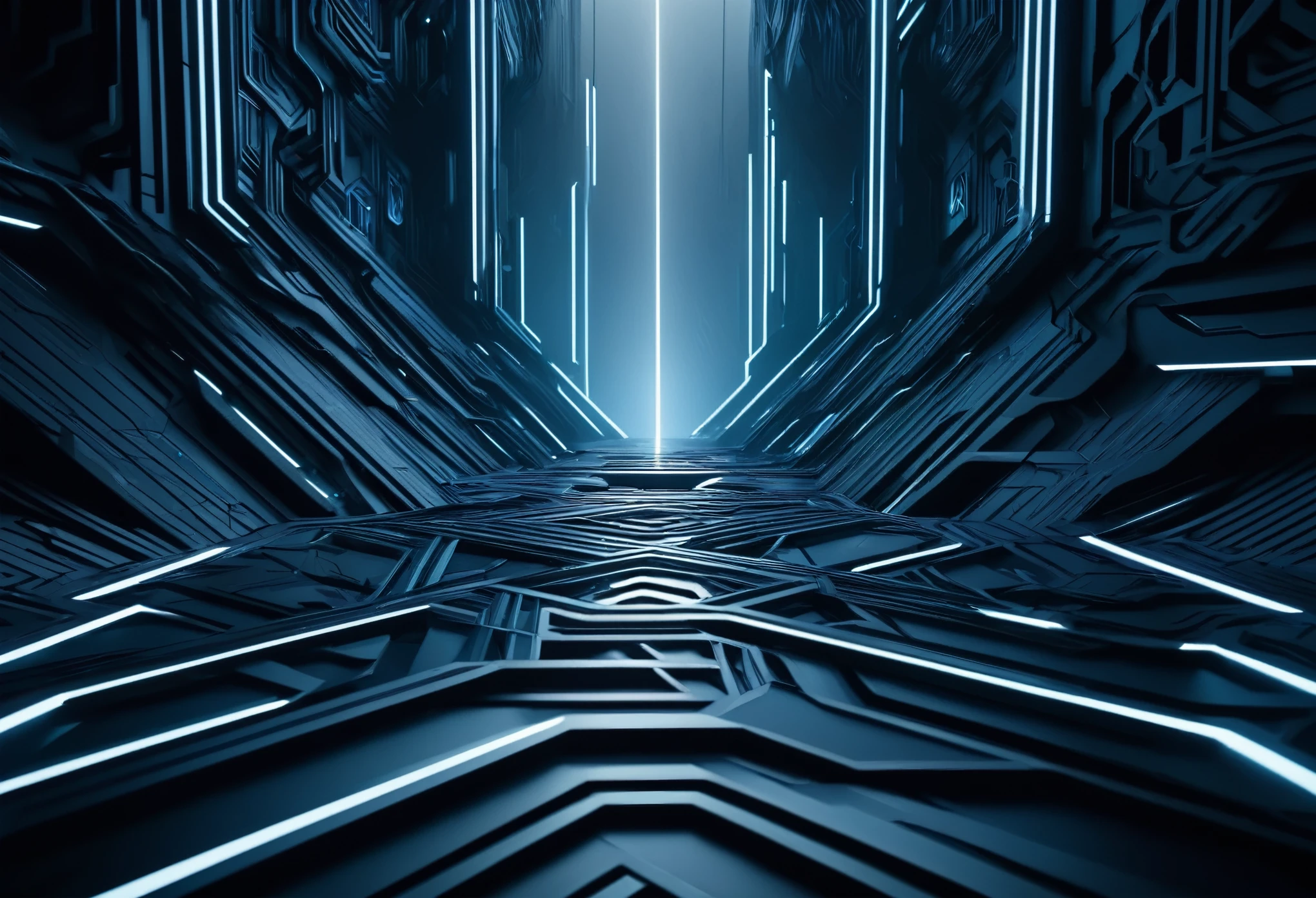 3d abstract background, abstract futuristic landscape, advanced 3d render, cinematic lighting, dark mood, dramatic lighting, epic sci-fi scene, floating geometry, intricate shapes, intricate structures, intricate design, moody lighting, organic shapes, photorealistic, precise details, ray-traced, seamless, sleek design, stunning visuals, surreal environment, symmetrical patterns, technologically advanced, ultra-detailed, volumetric lighting, winding pathways
