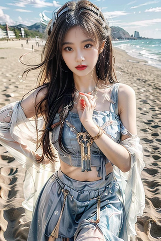 masterpiece, best quality, Dusk, (Running on the beach), perfect details, Wallpapers, girl, a beauty girl, , very long hair, gray hair, loose hair, pierce your head, Double braid, white hair ribbon, perfect body, red nose , angry, pulling eyelids , white colored eyelashes, heterochromia , heart in the eyes, Put your hand on your chest, biggest, Crouching, continuously, white dress, clothes, Cloak, crop top, Black garter belt, lace trim pantyhose, nipple chain, ,(8K，Hands and feet)，