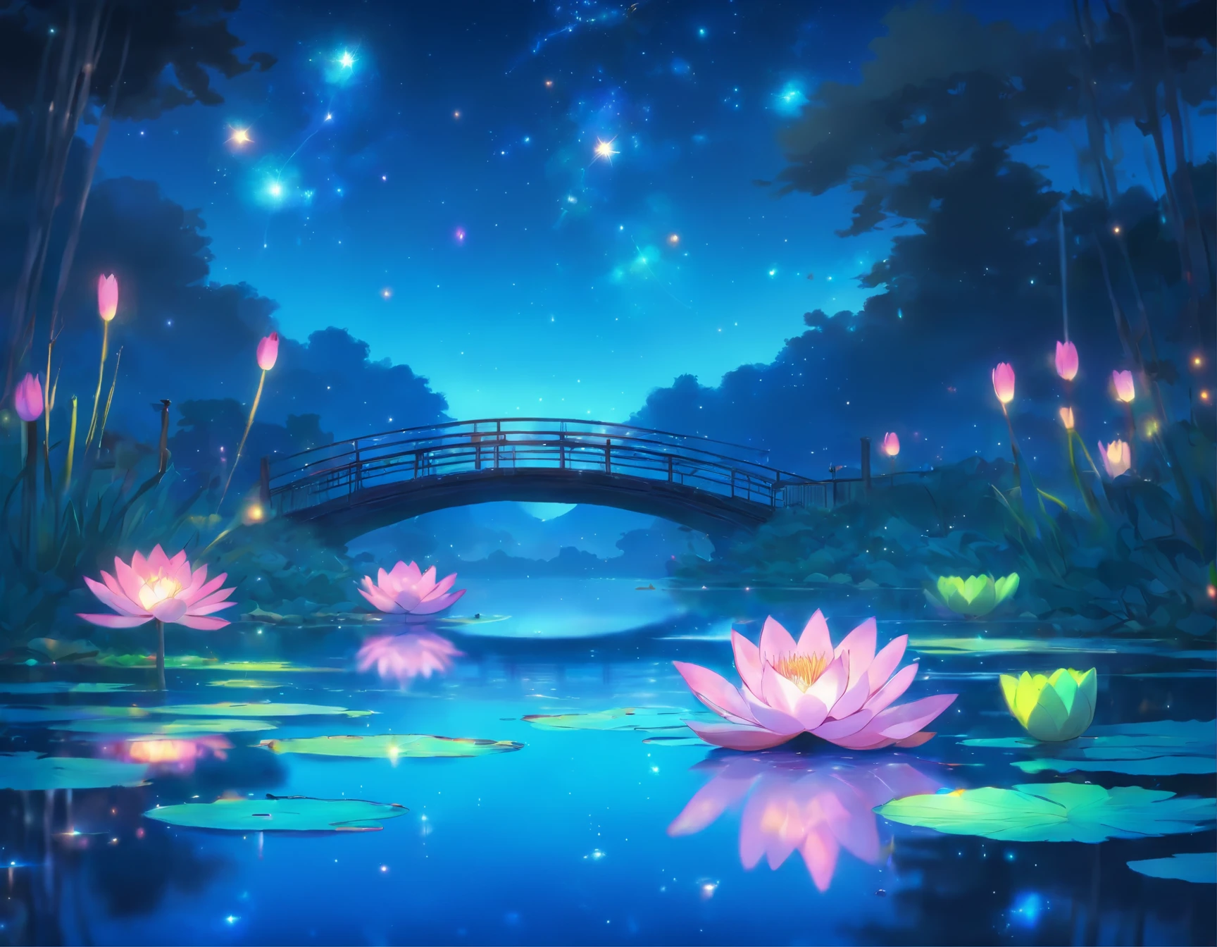 There is a bridge over a pond with water lillies in the water - SeaArt AI