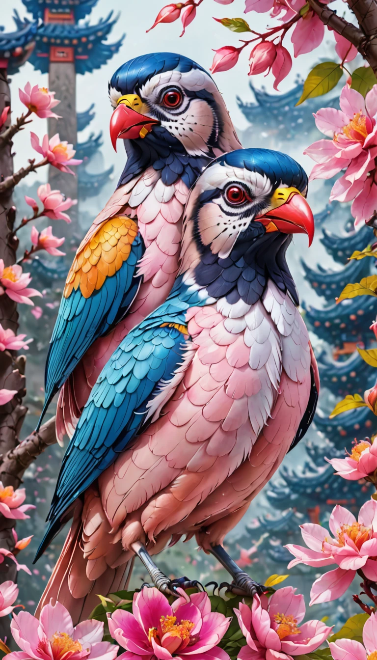 Colorful bird sitting on pink flowers，A close-up of a mobile phone，A photo of two birds, Ghost Festival, colorful birds, Wang Chen, author：Xi Gang, Chiba Yudai, ( ( Artificial Intelligence Art God King ) ), Digital Art - w 0, Inspired by Xie Huan, Mysterious Birds