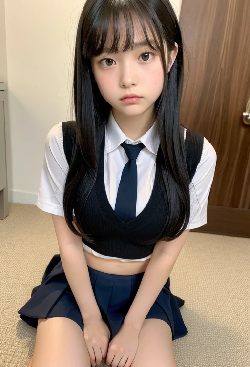 (highest quality, 8k, masterpiece ), An innocent 12-year-old junior high school girl
, Black Hair、Chest that looks like the shirt is about to tear、bangs:0.6,グラマーなThighs、Tight uniform:1.4、mini skirt, Highly detailed face, double eyelid, Strong natural light、round face、whole body、Thighs、loafers、round face、Horizontal angle,Side Angle:1.2