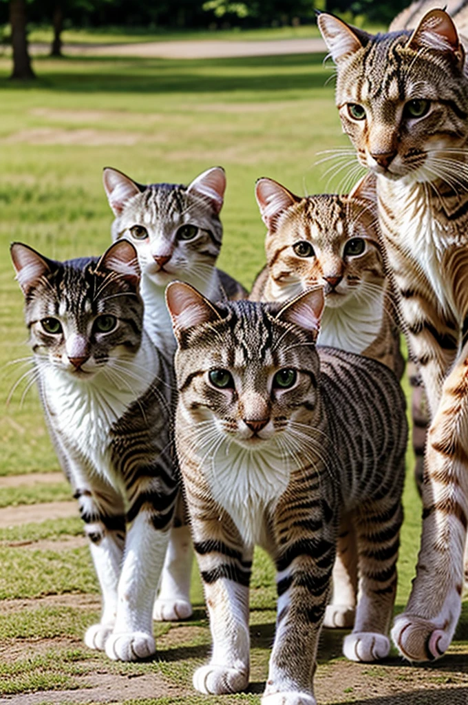 A queencat and kittens. Mamma cat with their kittens, walking through the park, on a sunny afternoon.