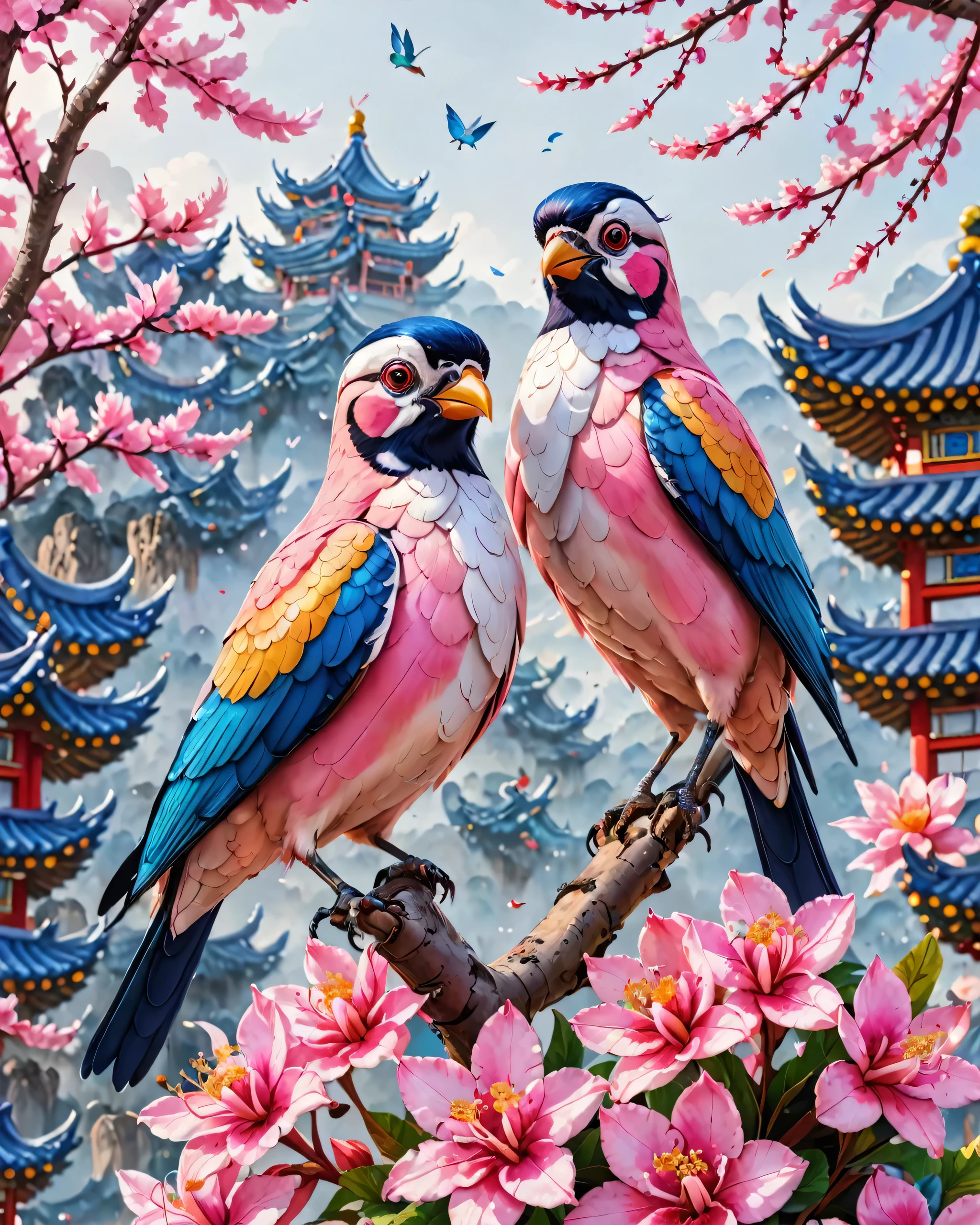 Colorful bird sitting on pink flowers，A close-up of a mobile phone，A photo of two birds, Ghost Festival, colorful birds, Wang Chen, author：Xi Gang, Chiba Yudai, ( ( Artificial Intelligence Art God King ) ), Digital Art - w 0, Inspired by Xie Huan, Mysterious Birds